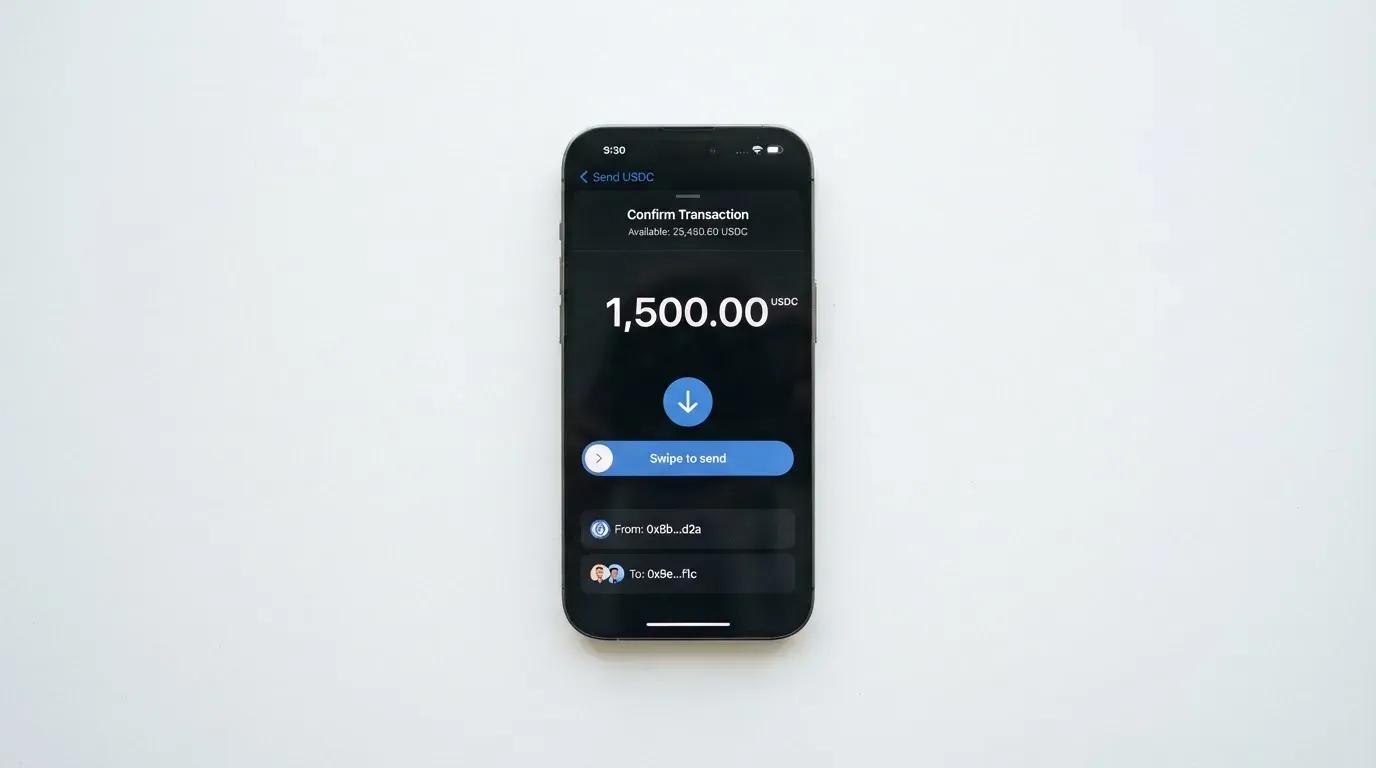A phone showing a stablecoin transfer screen
