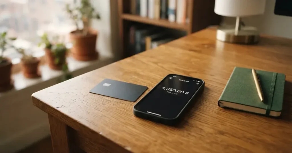 A payment card next to a phone with a crypto wallet app open