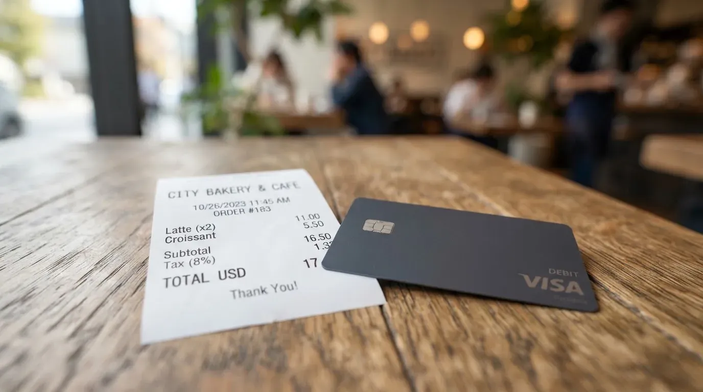 A receipt and a card on a café table
