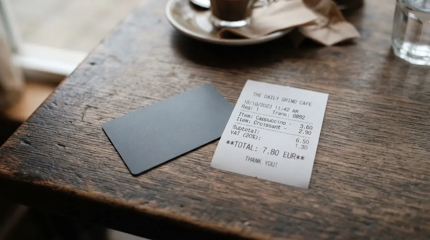 A receipt and a card on a café table