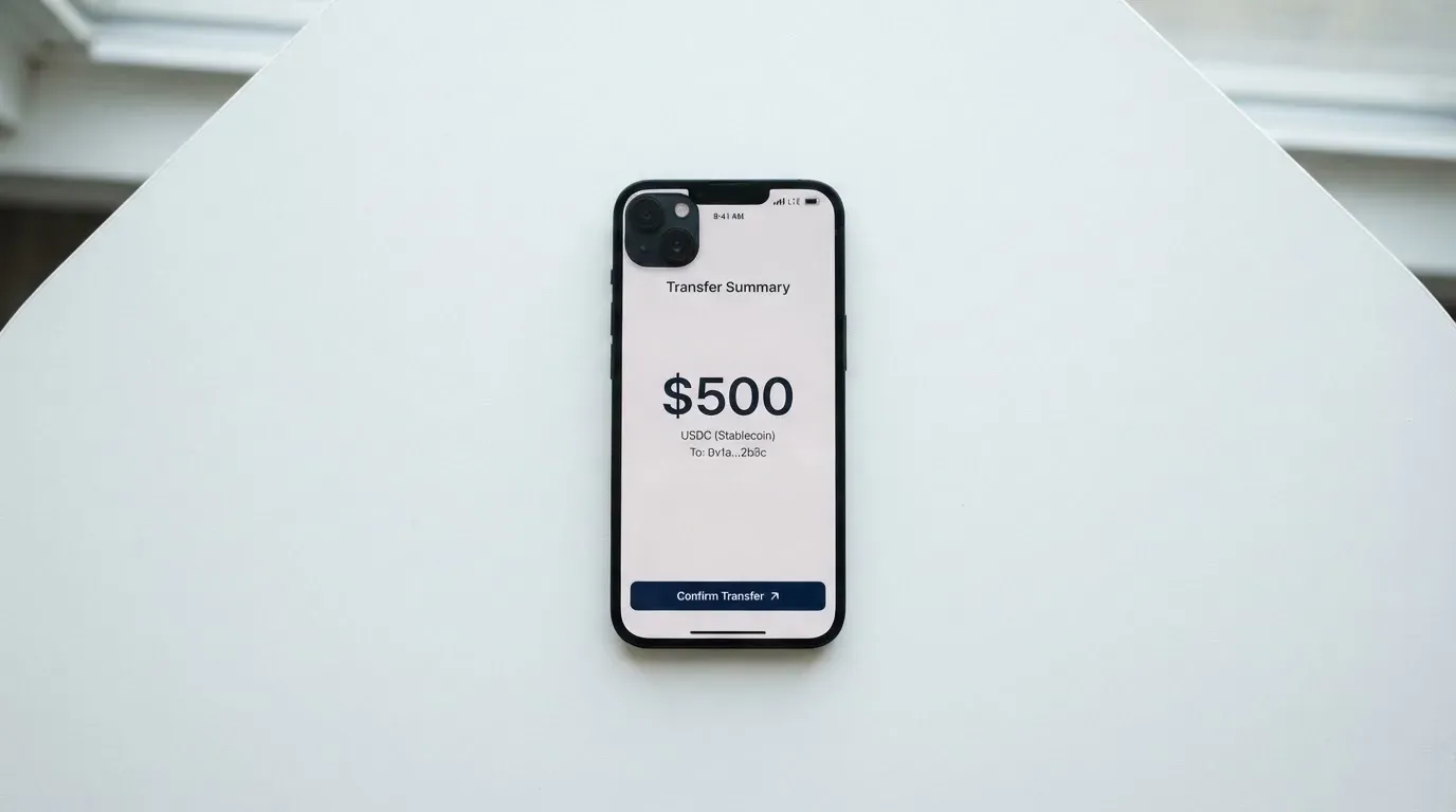 A phone showing a stablecoin transfer screen