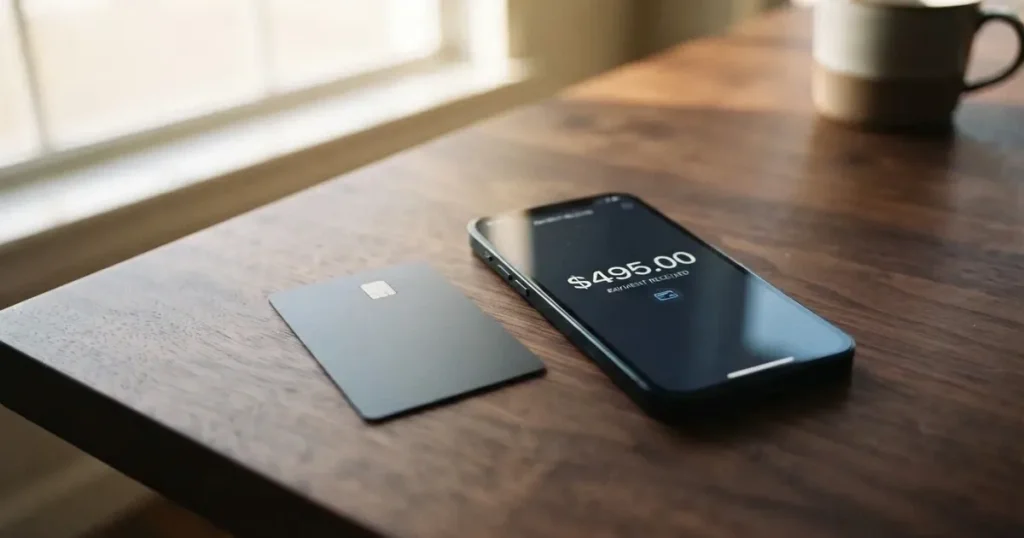 A payment card next to a phone with a crypto wallet app open