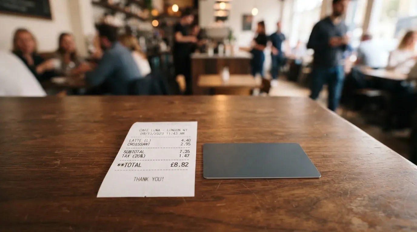 A receipt and a card on a café table