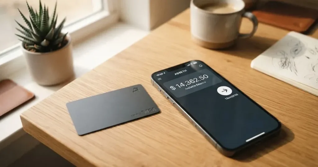 A payment card next to a phone with a crypto wallet app open