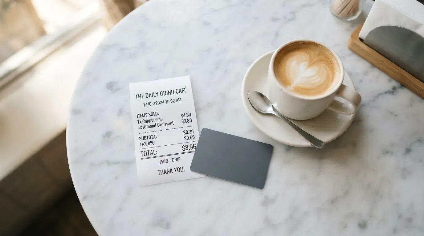 A receipt and a card on a café table