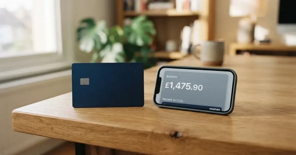 A payment card next to a phone with a crypto wallet app open