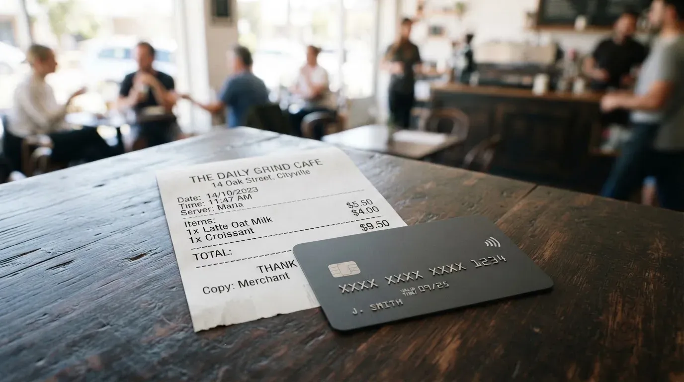 A receipt and a card on a café table