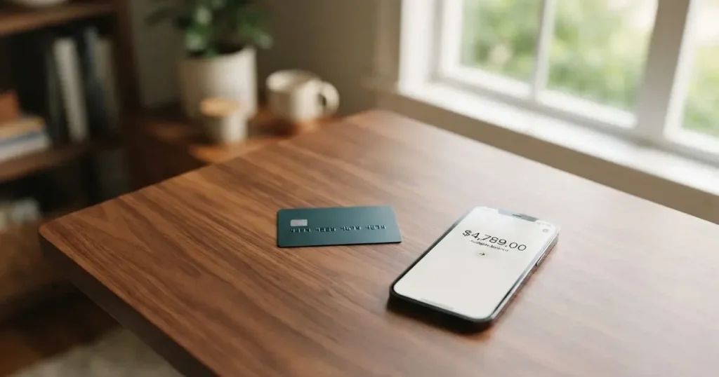 A payment card next to a phone with a crypto wallet app open