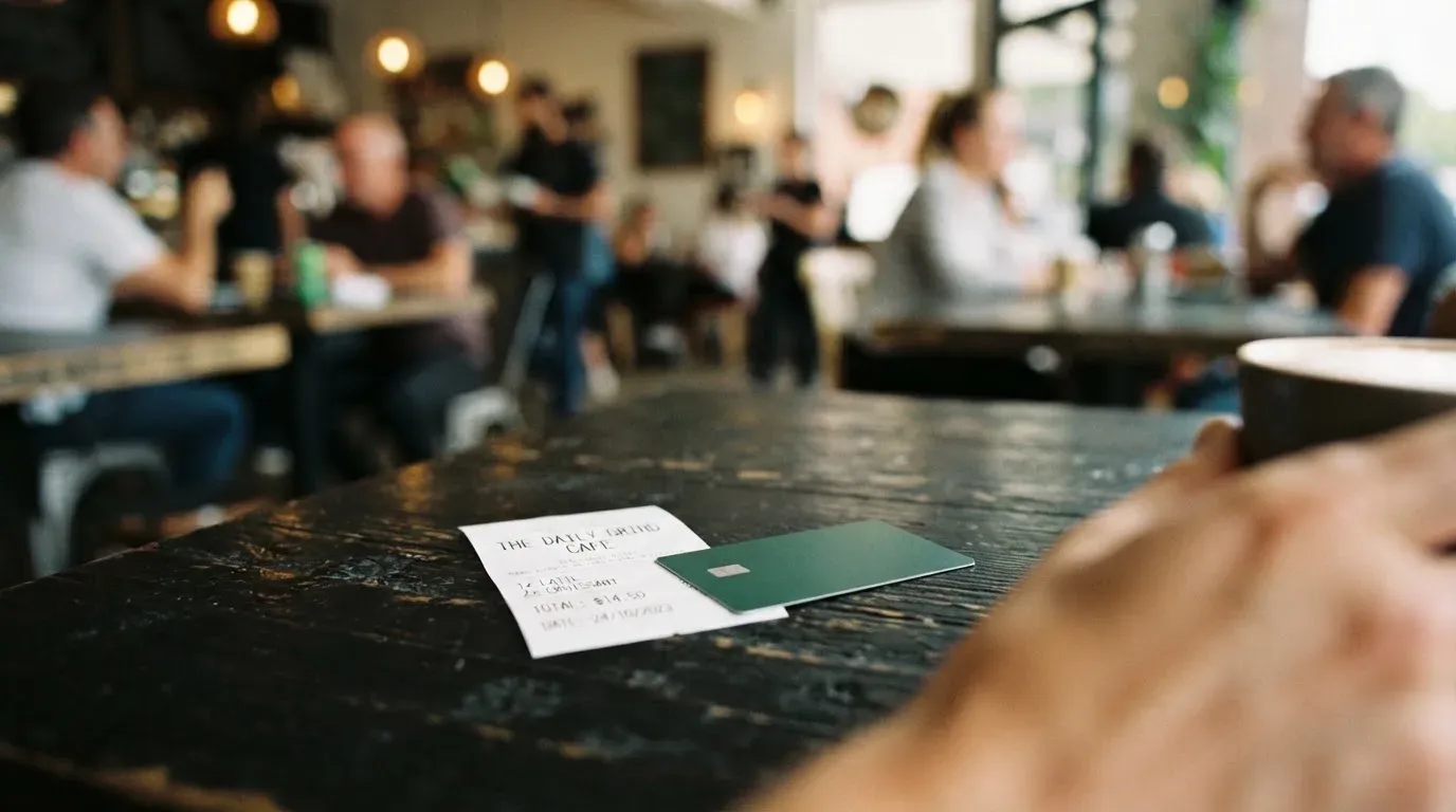 A receipt and a card on a café table