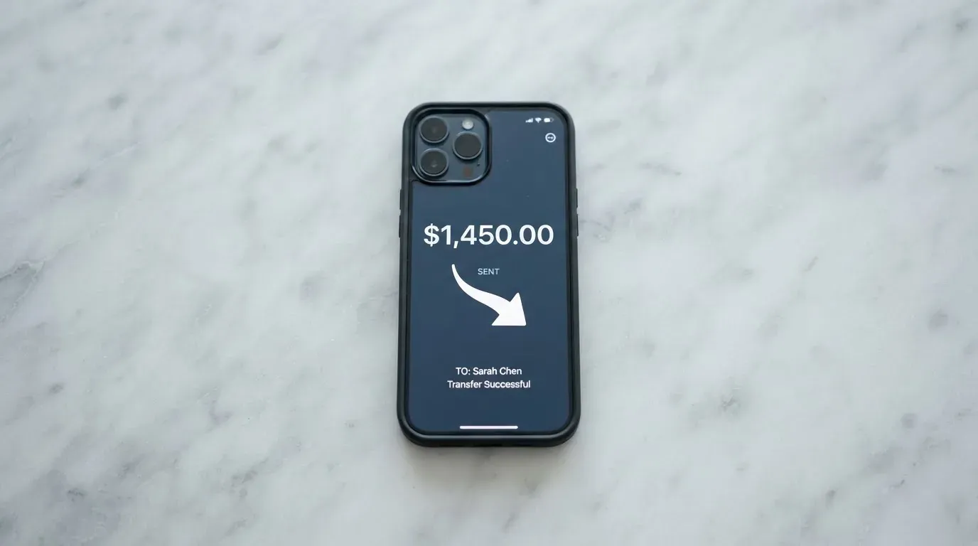 A phone showing a stablecoin transfer screen