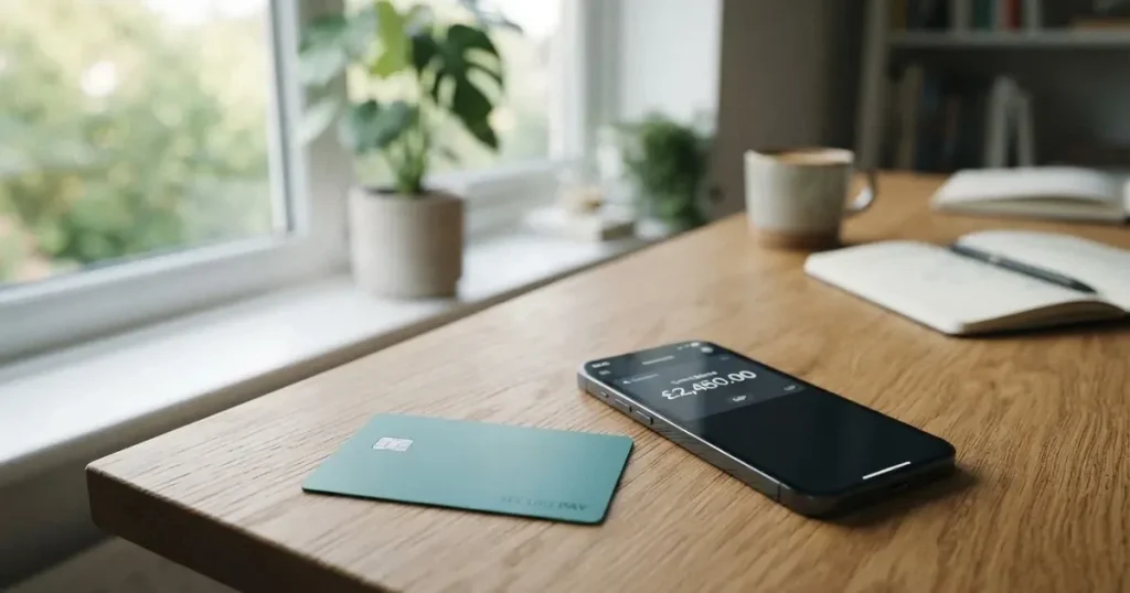 A payment card next to a phone with a crypto wallet app open