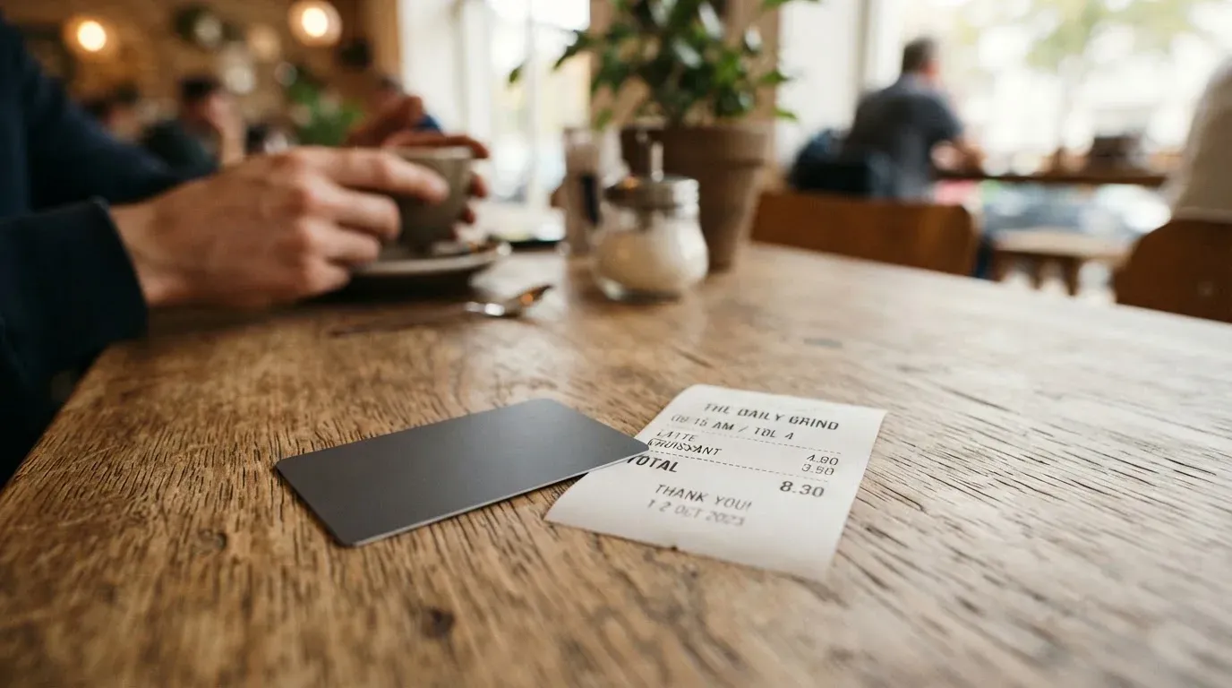 A receipt and a card on a café table