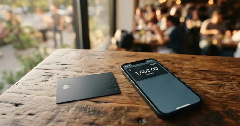 A payment card next to a phone with a crypto wallet app open
