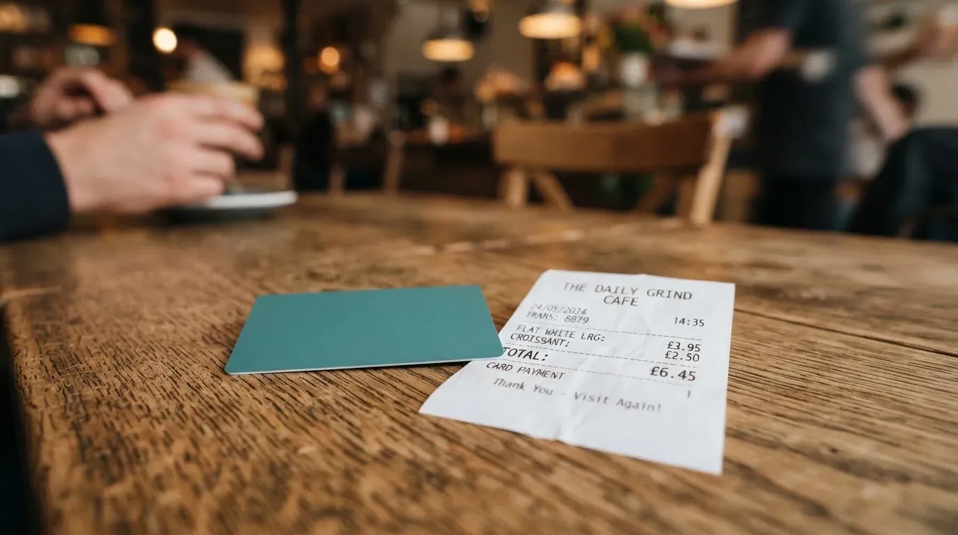 A receipt and a card on a café table