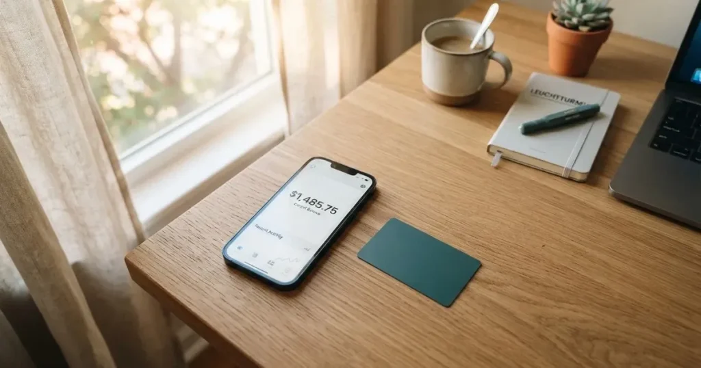 A payment card next to a phone with a crypto wallet app open