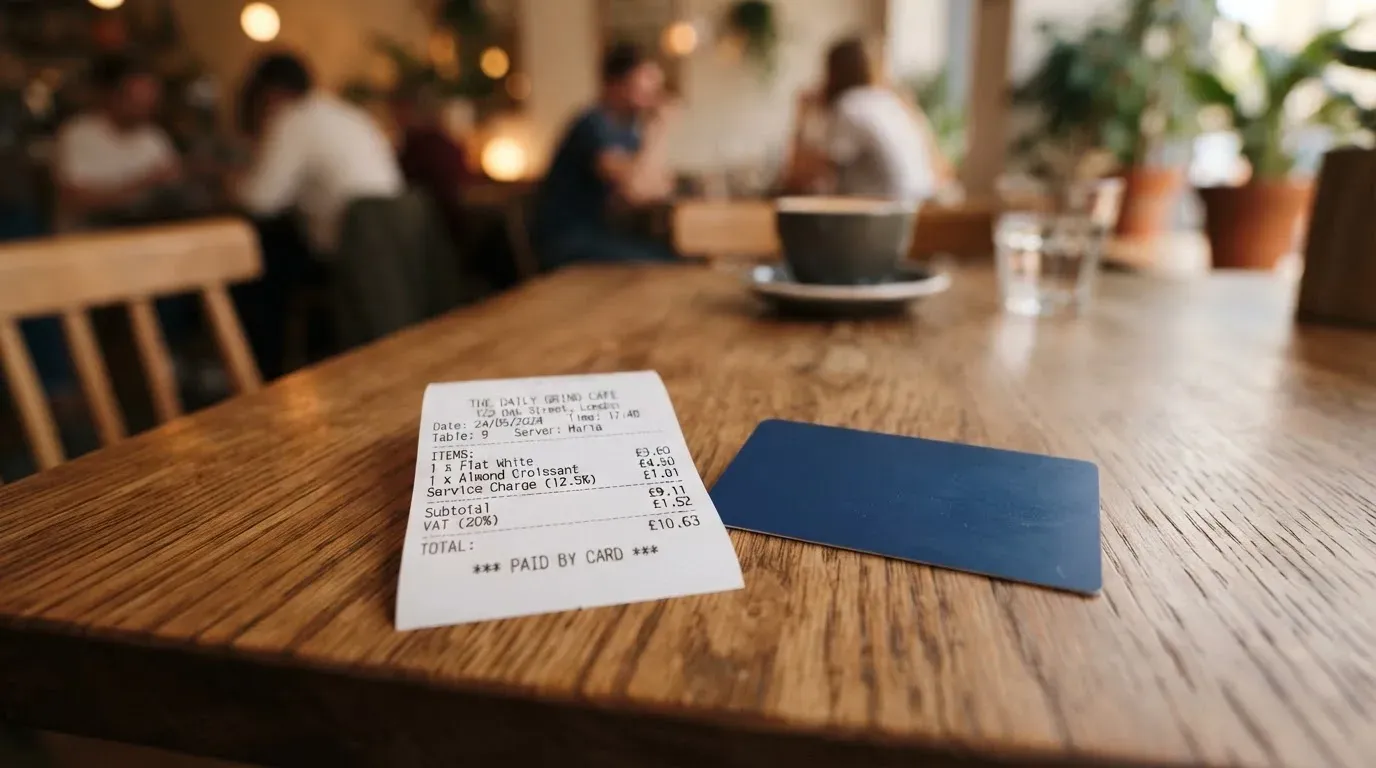A receipt and a card on a café table
