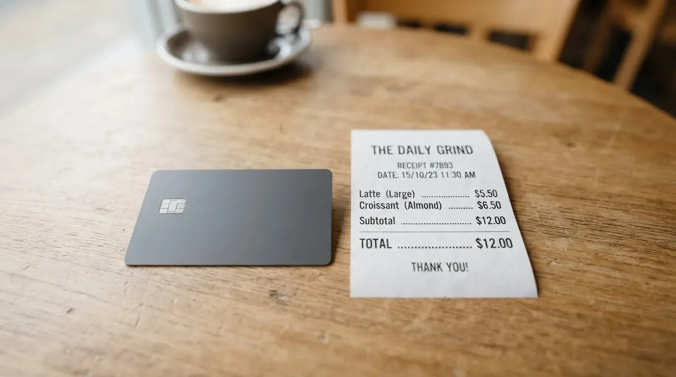 A receipt and a card on a café table