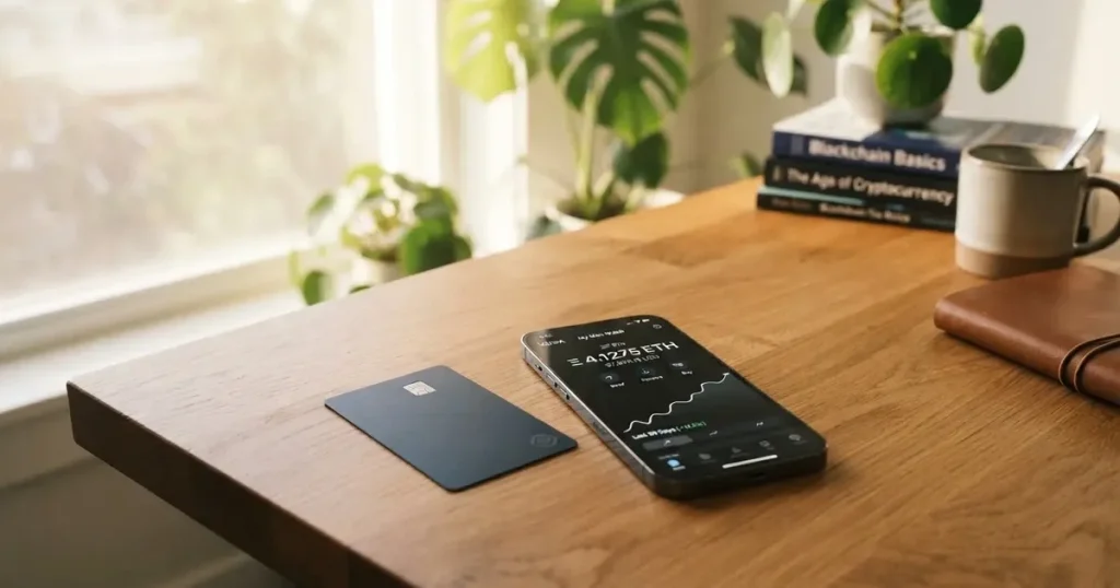 A payment card next to a phone with a crypto wallet app open