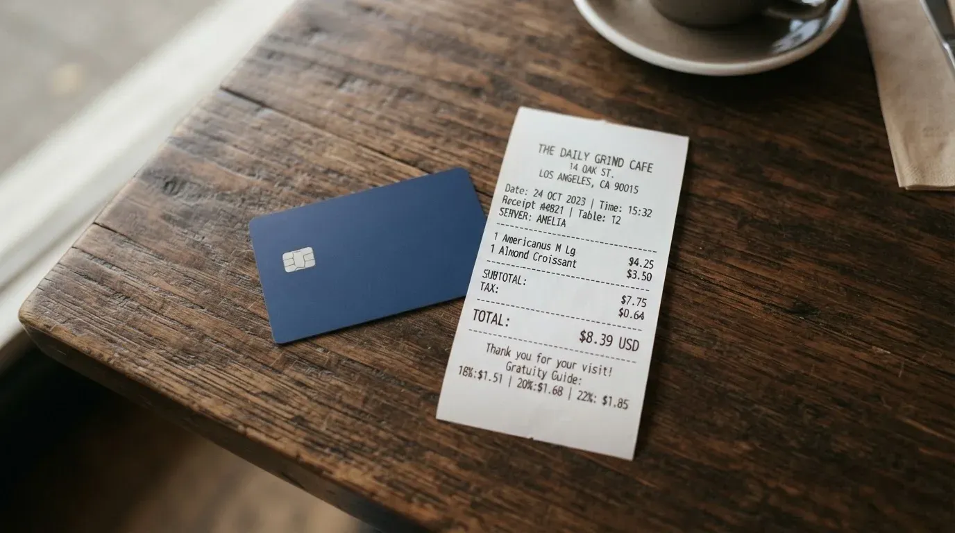A receipt and a card on a café table