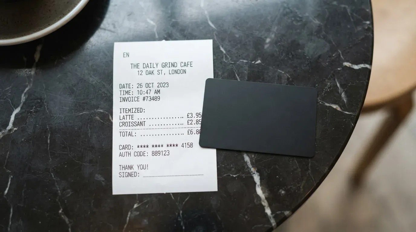 A receipt and a card on a café table
