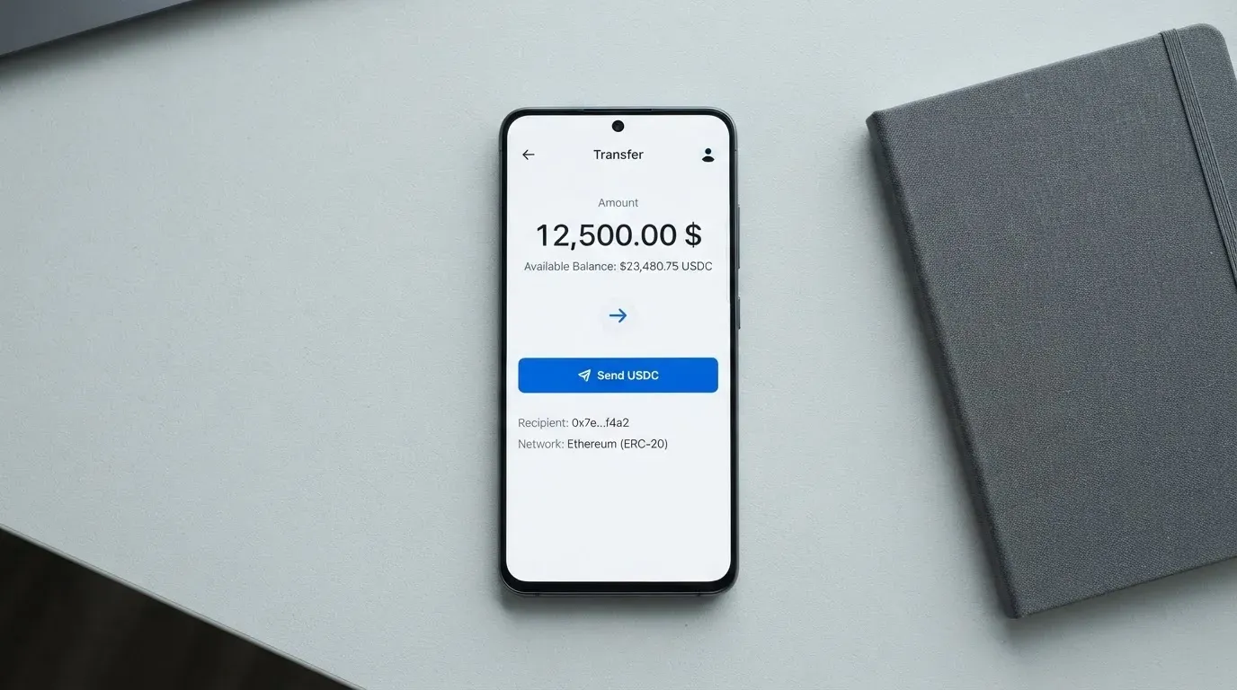 A phone showing a stablecoin transfer screen