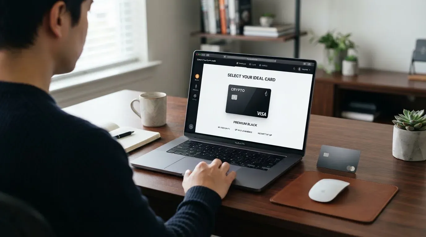 A person comparing two payment cards at a desk with a laptop