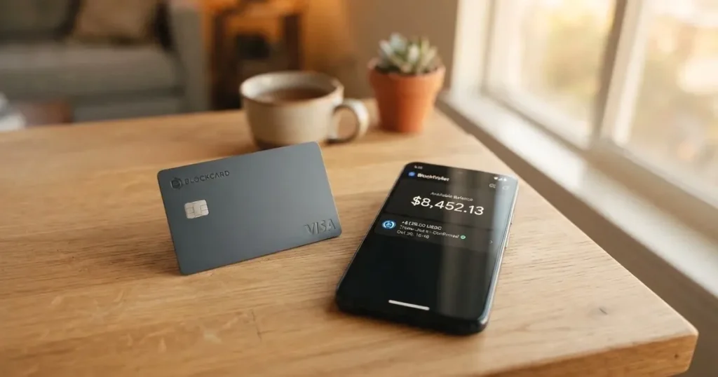 Several payment cards fanned out next to a phone with a crypto wallet app