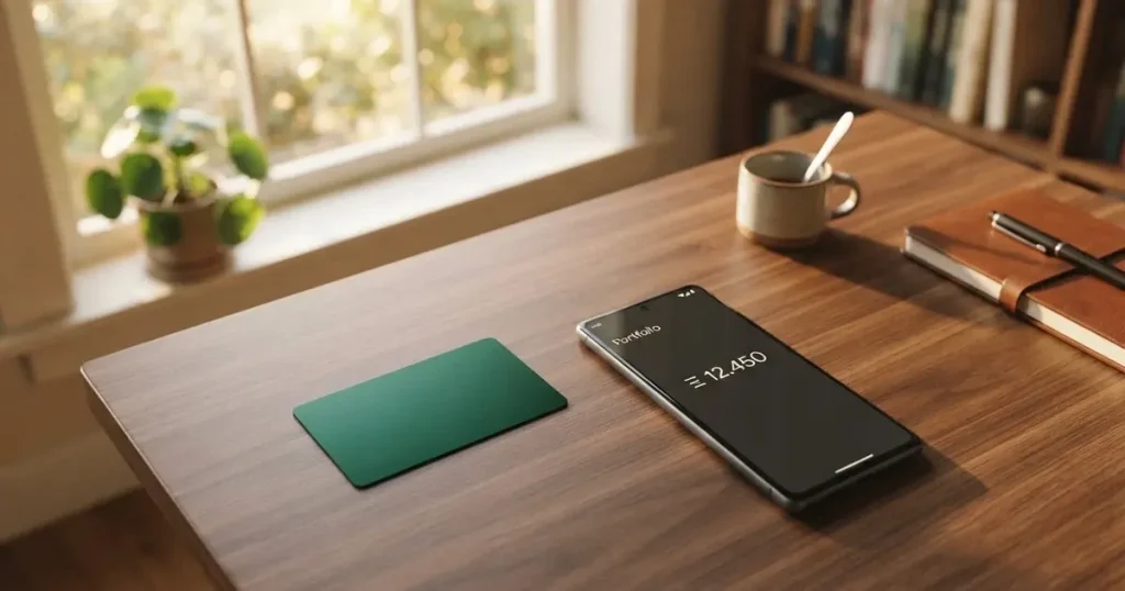 A payment card next to a phone with a crypto wallet app open