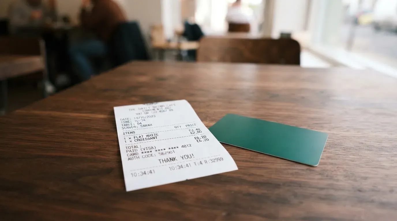 A receipt and a card on a café table