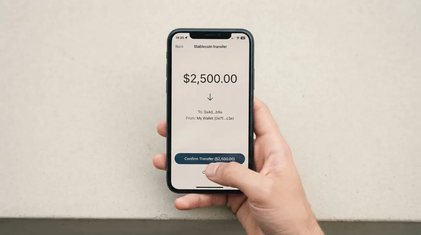 A phone showing a stablecoin transfer screen