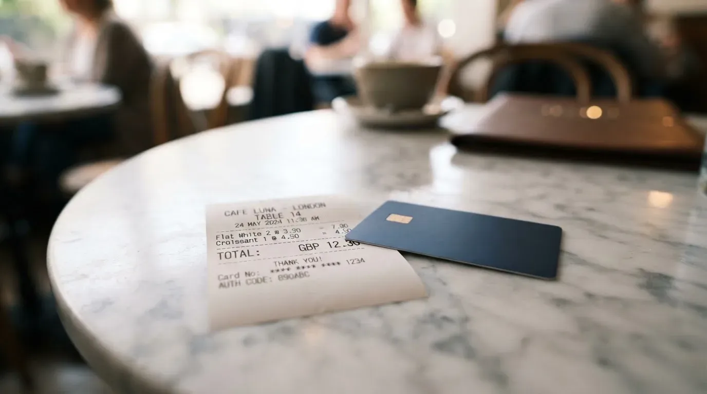 A receipt and a card on a café table