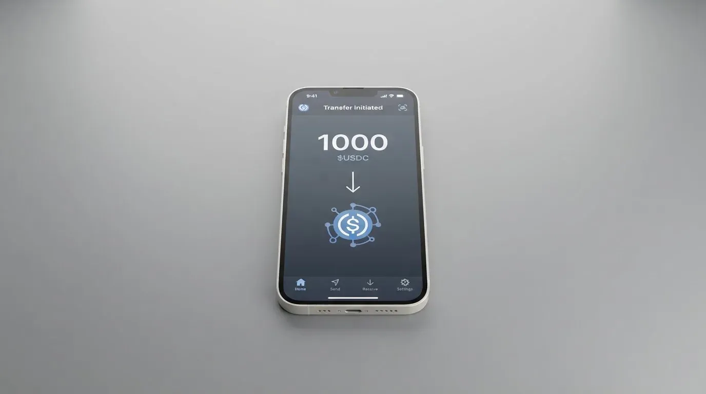 A phone showing a stablecoin transfer screen