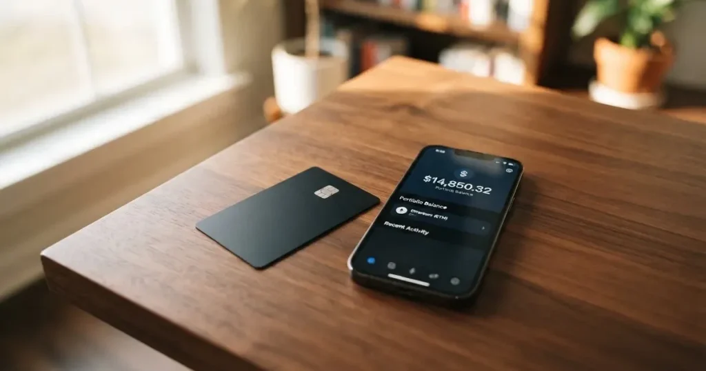 A payment card next to a phone with a crypto wallet app open