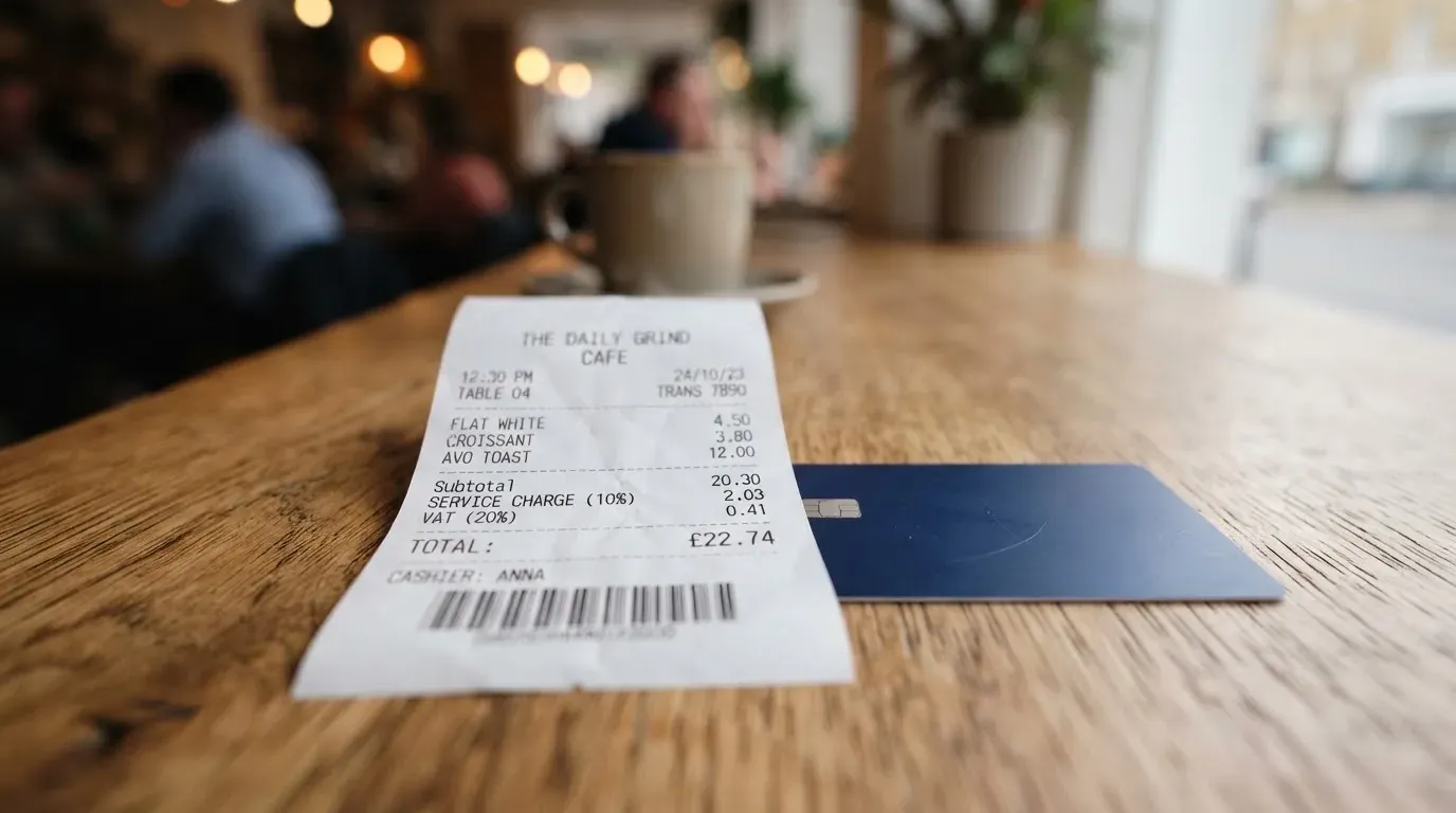 A receipt and a card on a café table