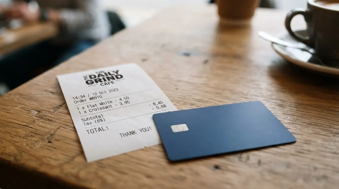 A receipt and a card on a café table