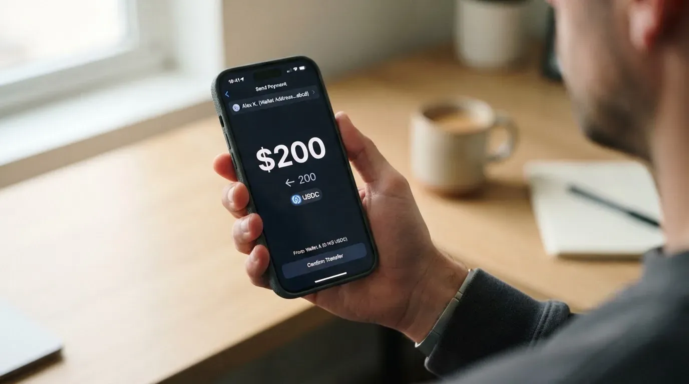 A phone showing a stablecoin transfer screen