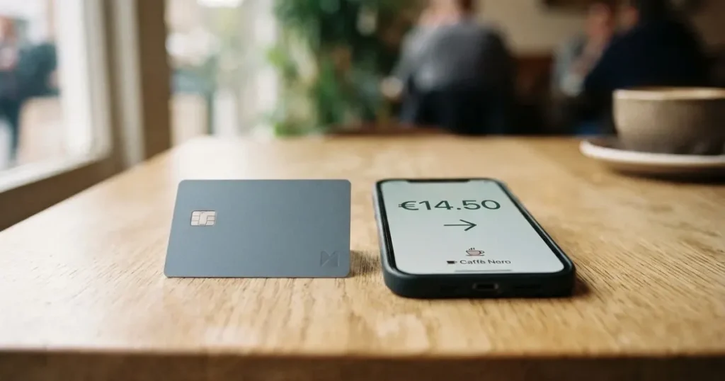 A payment card next to a phone with a crypto wallet app open