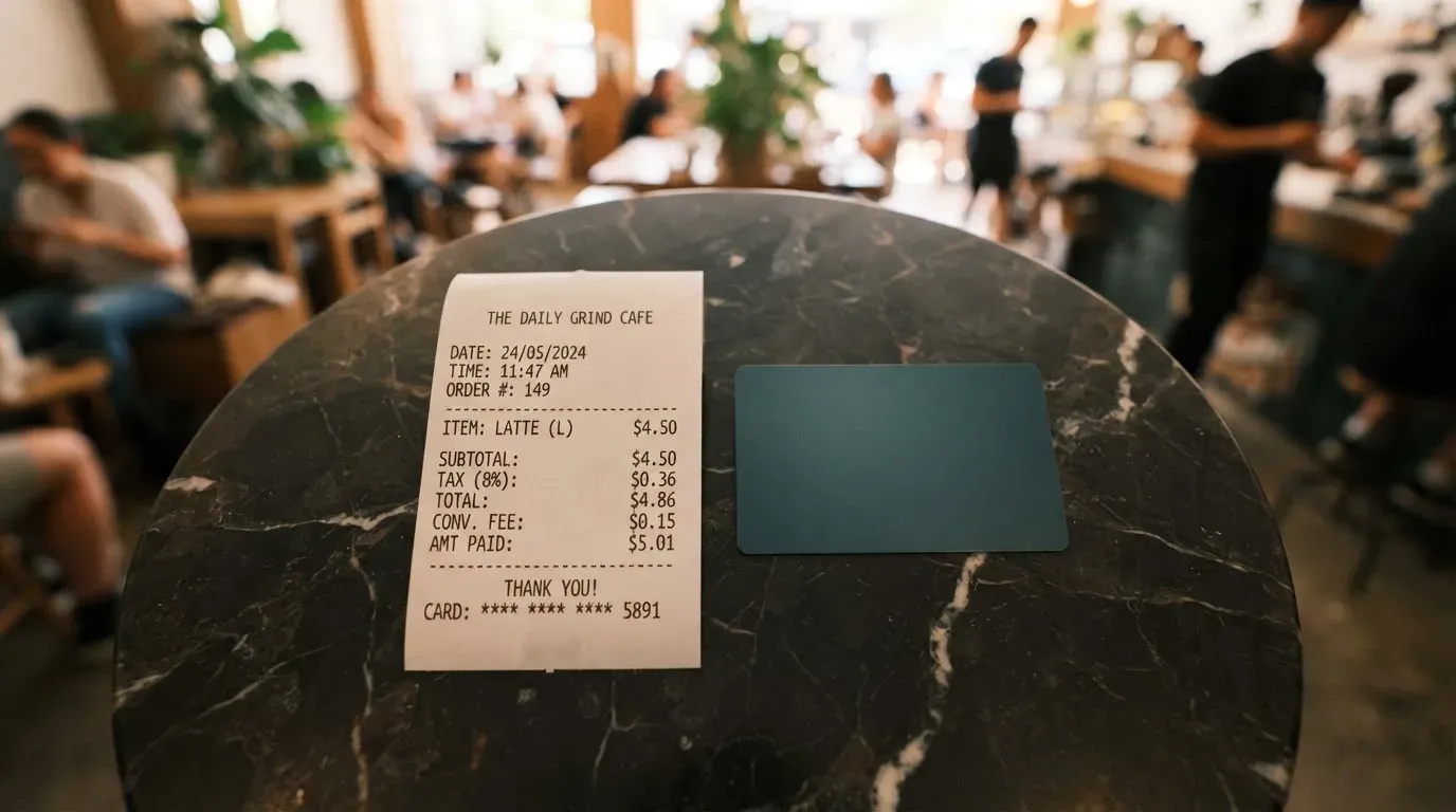 A receipt and a card on a café table