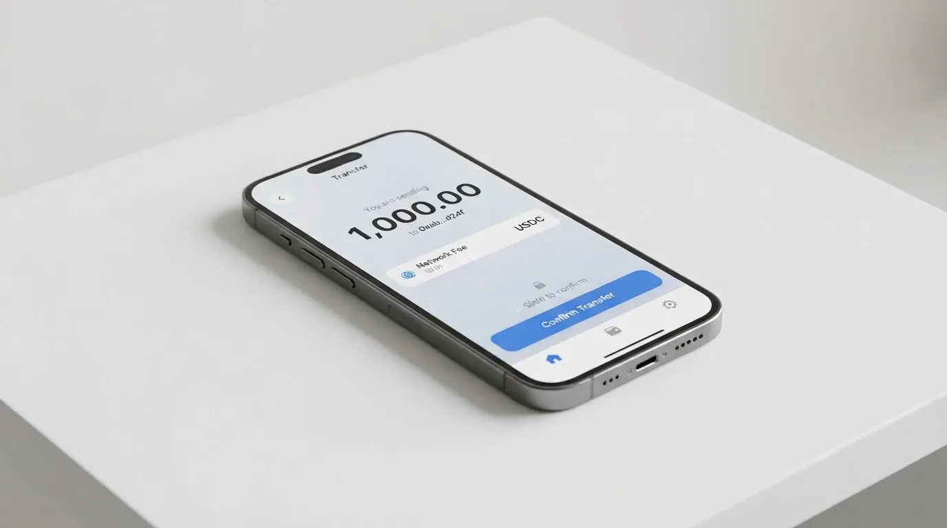 A phone showing a stablecoin transfer screen