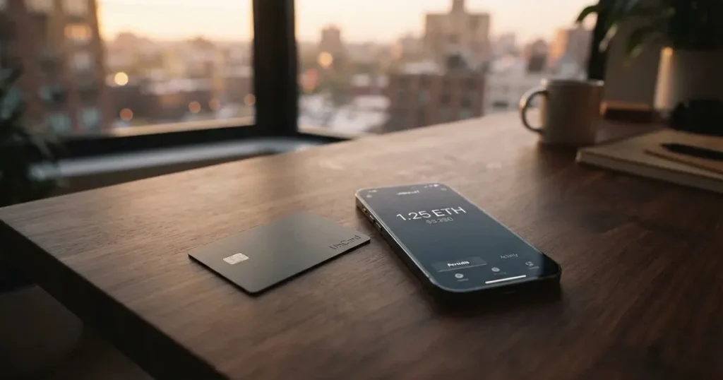 A payment card next to a phone with a crypto wallet app open