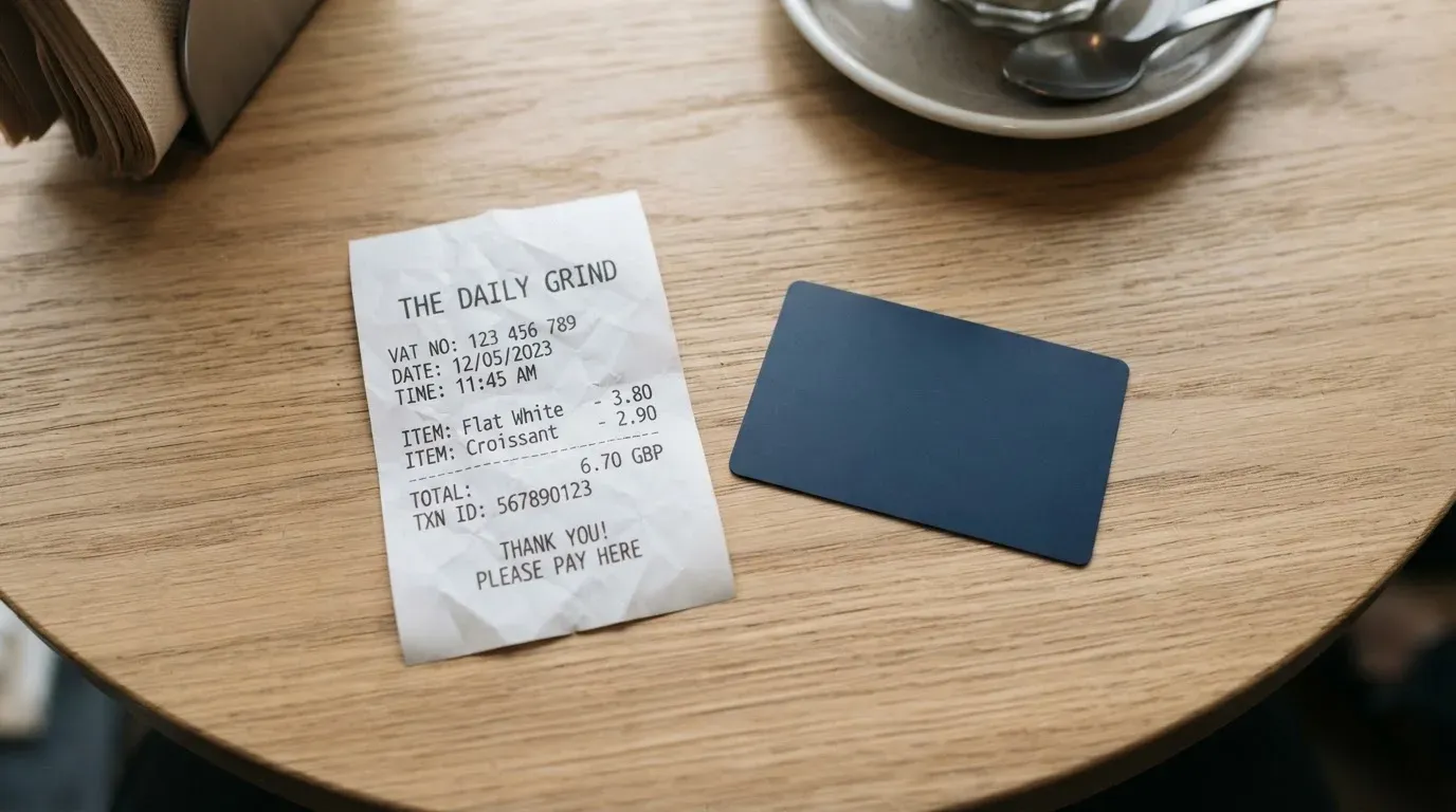 A receipt and a card on a café table