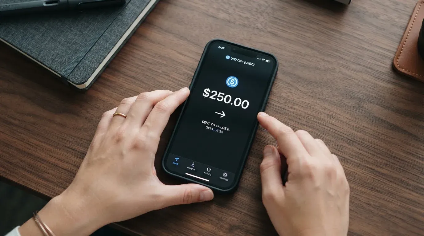 A phone showing a stablecoin transfer screen