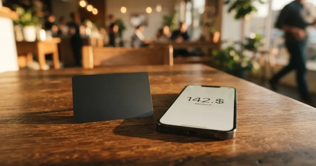 A payment card next to a phone with a crypto wallet app open