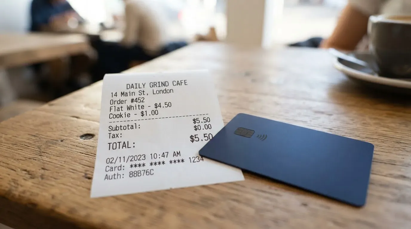 A receipt and a card on a café table