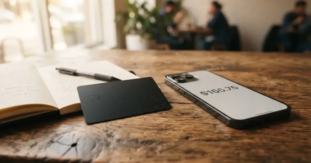 A payment card next to a phone with a crypto wallet app open