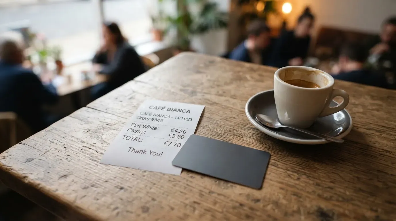 A receipt and a card on a café table