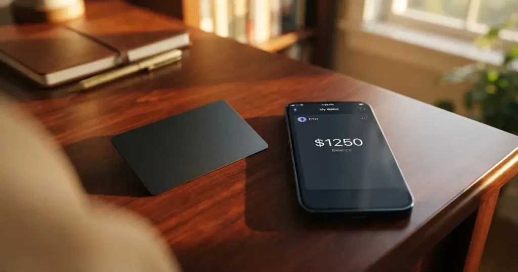A payment card next to a phone with a crypto wallet app open