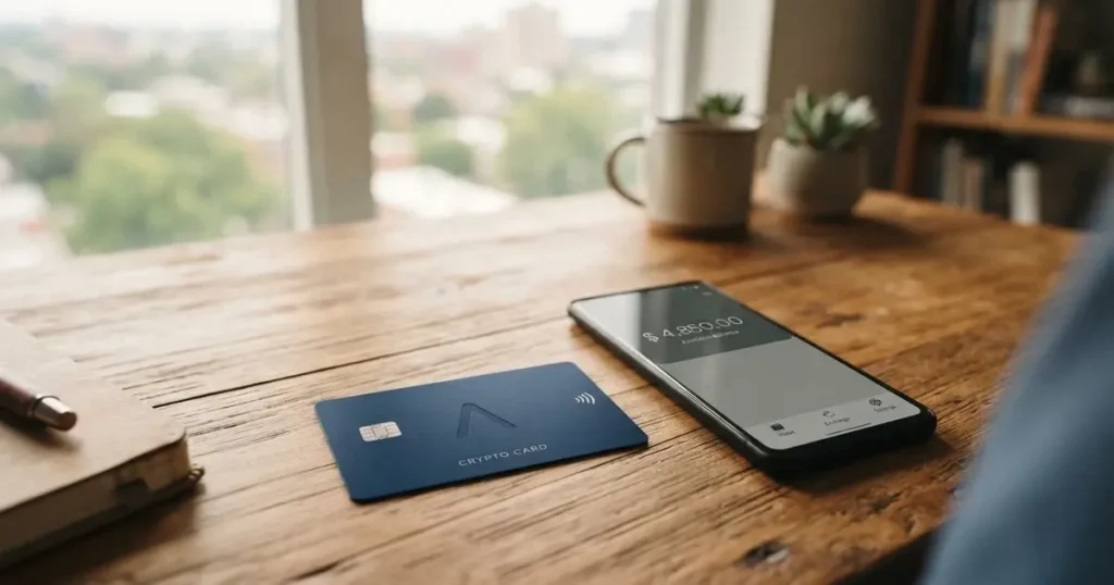 A payment card next to a phone with a crypto wallet app open