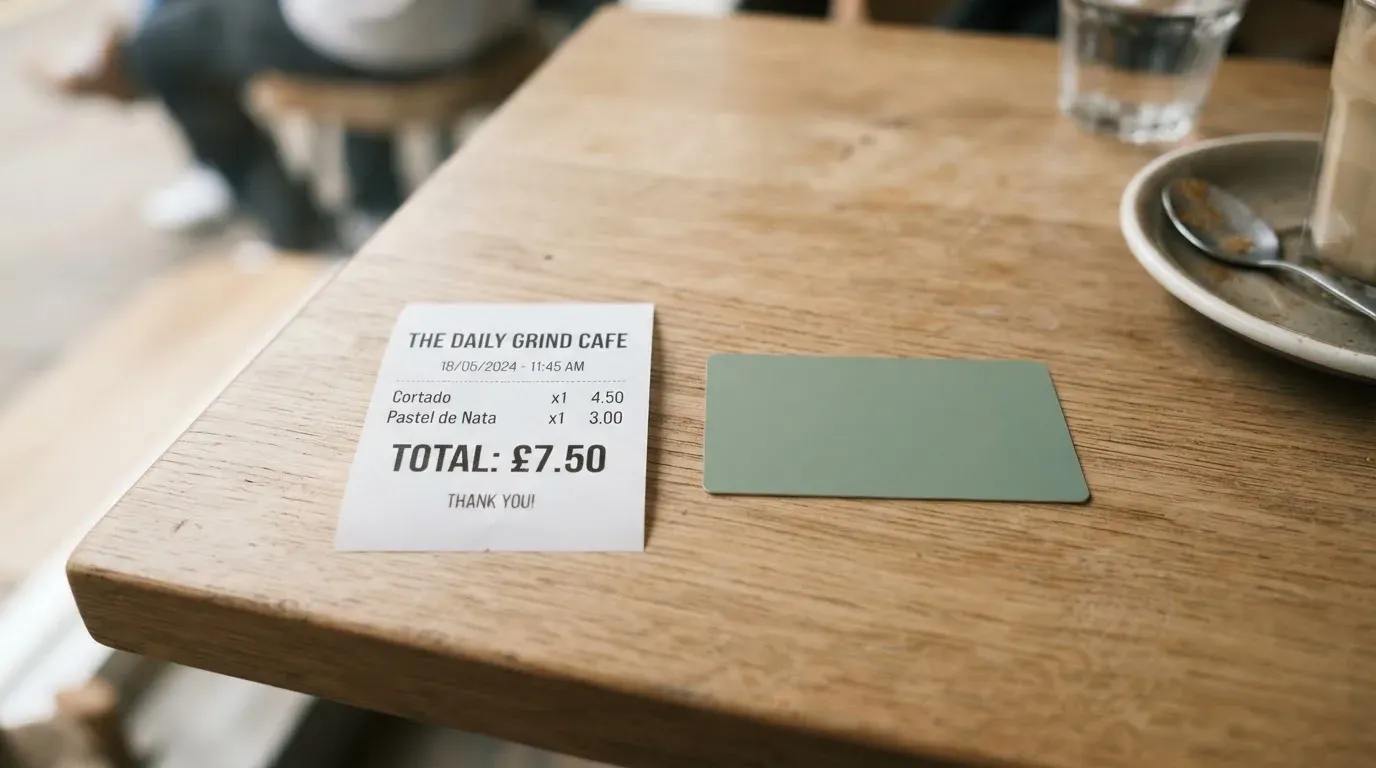 A receipt and a card on a café table