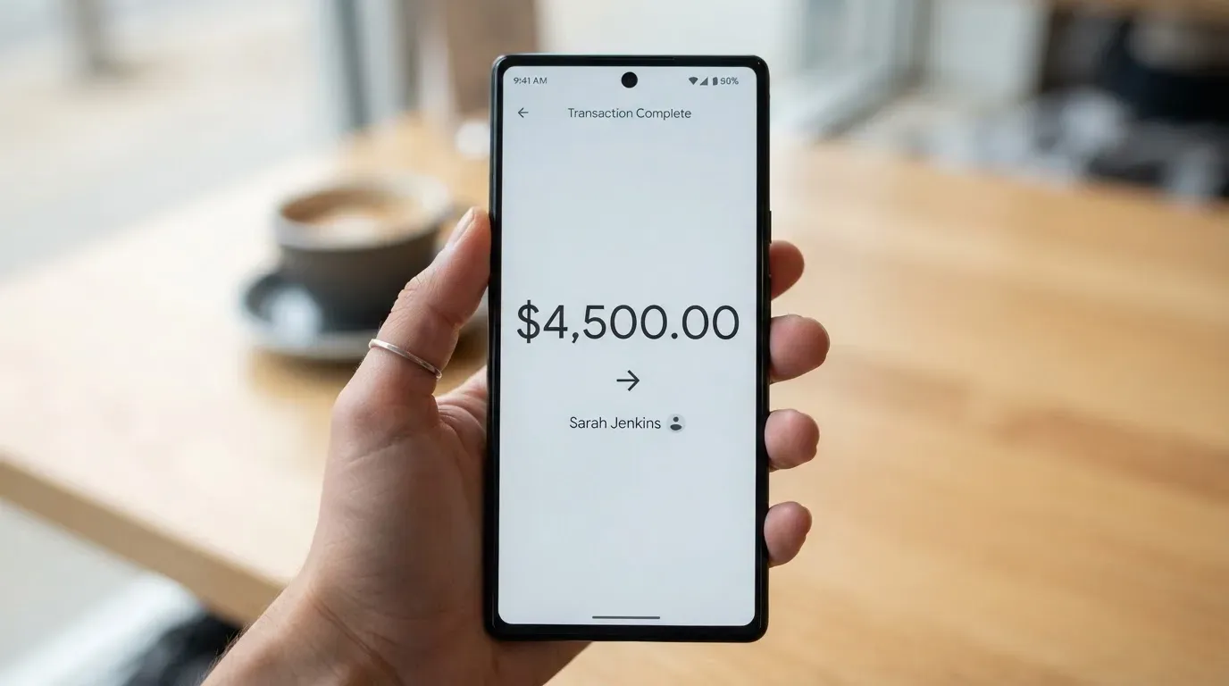 A phone showing a stablecoin transfer screen